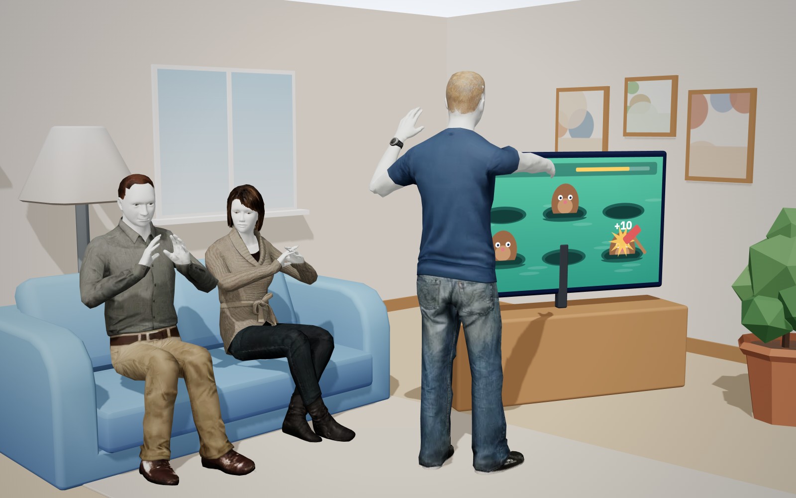 A patient playing a whack-a-mole therapy game on a TV at home while his family cheers