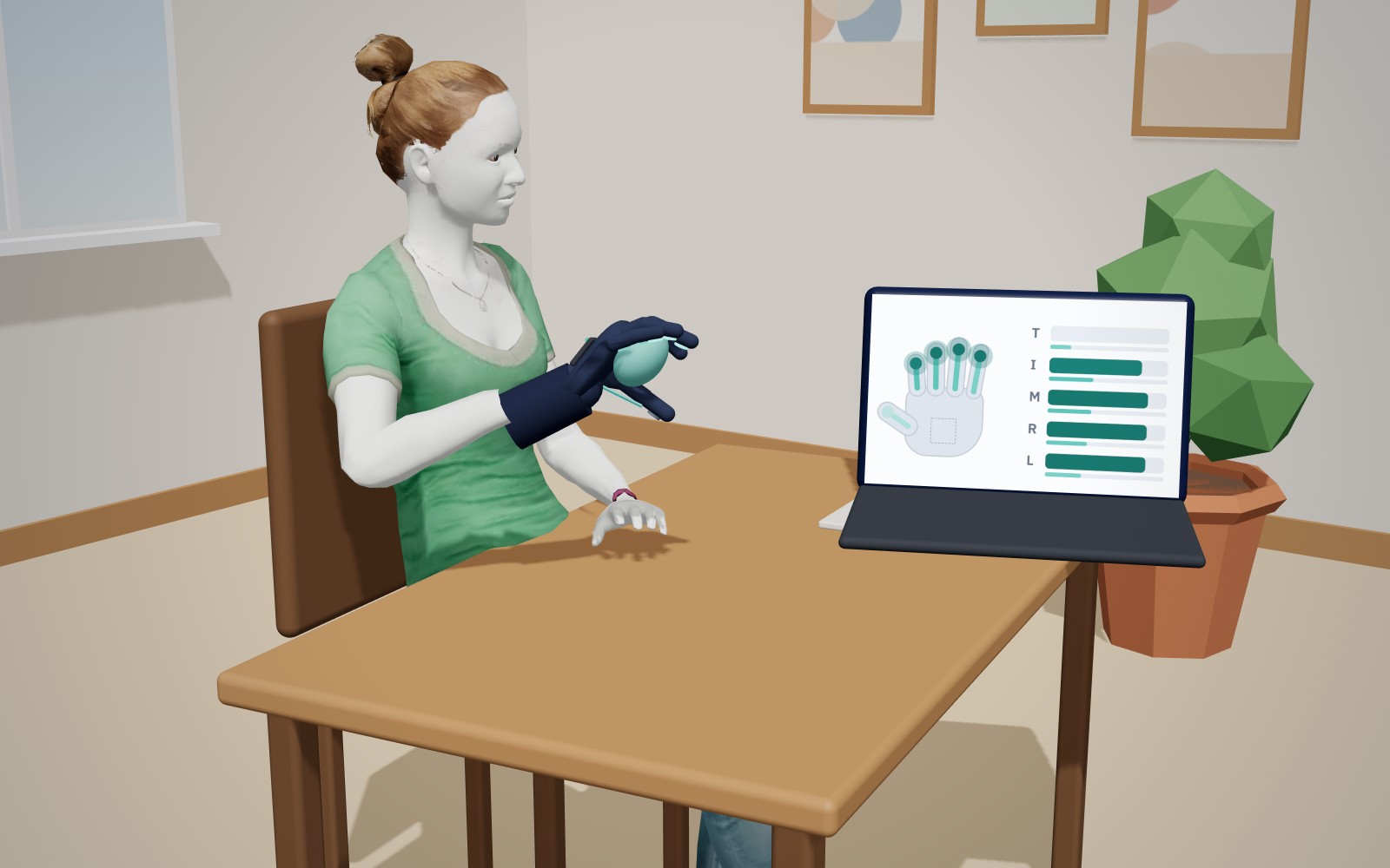 A patient squeezing a soft ball while wearing the NeuronFRAMES sensor glove, with each finger's force shown on a laptop